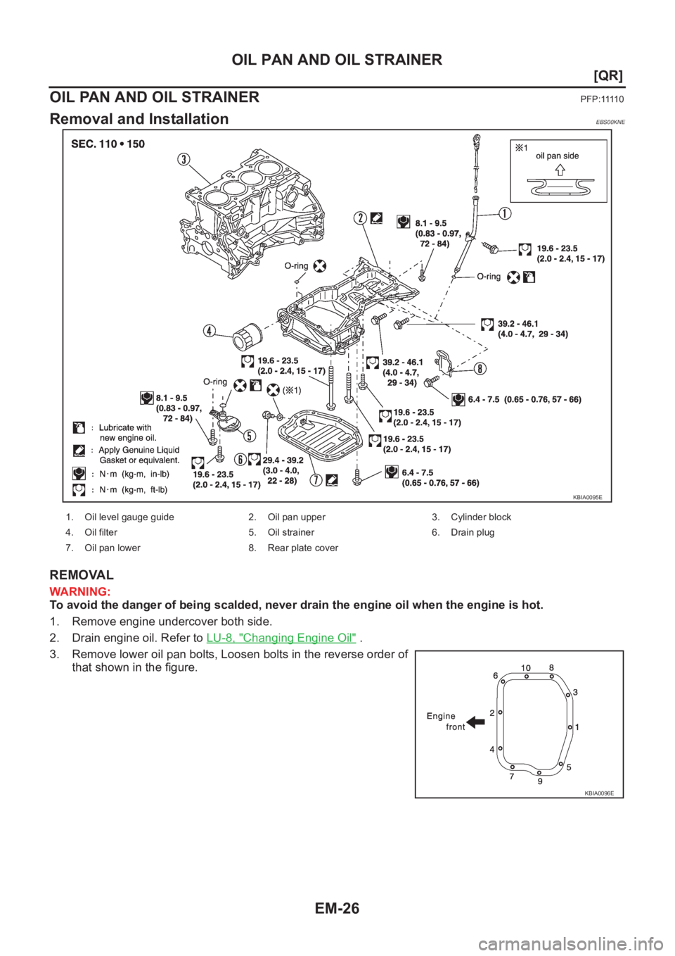NISSAN X-TRAIL 2001  Service Manual PDF EM-26
[QR]
OIL PAN AND OIL STRAINER
OIL PAN AND OIL STRAINER
P F P : 1111 0
Removal and InstallationEBS00KNE
REMOVAL
WARNING:
To avoid the danger of being scalded, never drain the engine oil when the 