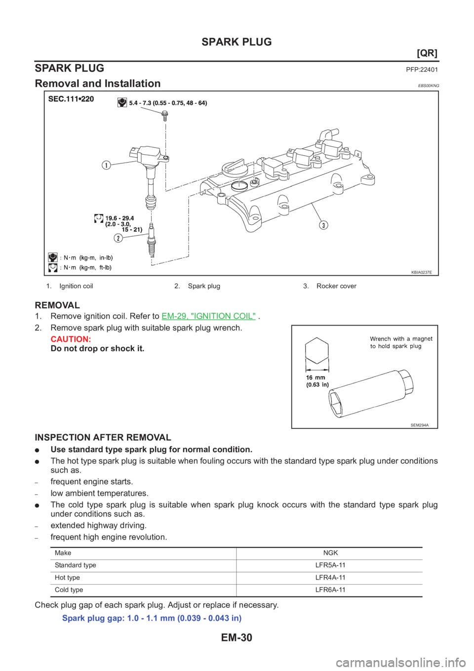 NISSAN X-TRAIL 2001  Service Repair Manual EM-30
[QR]
SPARK PLUG
SPARK PLUG 
PFP:22401
Removal and InstallationEBS00KNG
REMOVAL
1. Remove ignition coil. Refer to EM-29, "IGNITION COIL" .
2. Remove spark plug with suitable spark plug wr