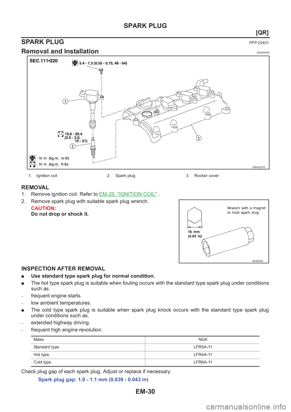 NISSAN X-TRAIL 2001  Service Manual PDF EM-30
[QR]
SPARK PLUG
SPARK PLUG 
PFP:22401
Removal and InstallationEBS00KNG
REMOVAL
1. Remove ignition coil. Refer to EM-29, "IGNITION COIL" .
2. Remove spark plug with suitable spark plug wr