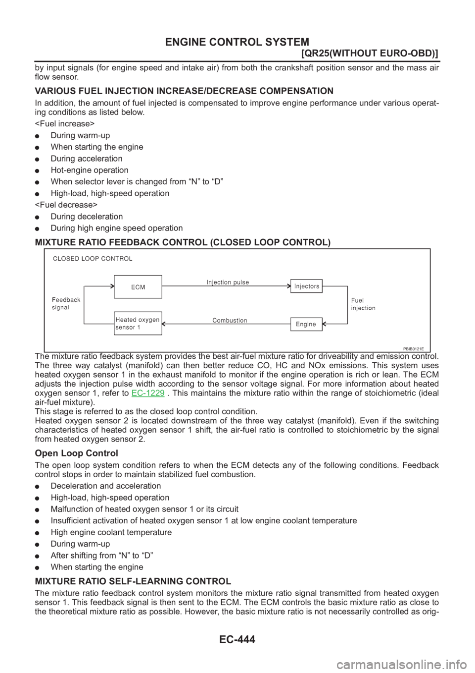 NISSAN X-TRAIL 2001  Service Repair Manual EC-444
[QR25(WITHOUT EURO-OBD)]
ENGINE CONTROL SYSTEM
by input  signals  (for engine  speed  and  intake  air) from both  the crankshaft position  sensor  and  the  mass  air
flow sensor.
VARIOUS FUEL