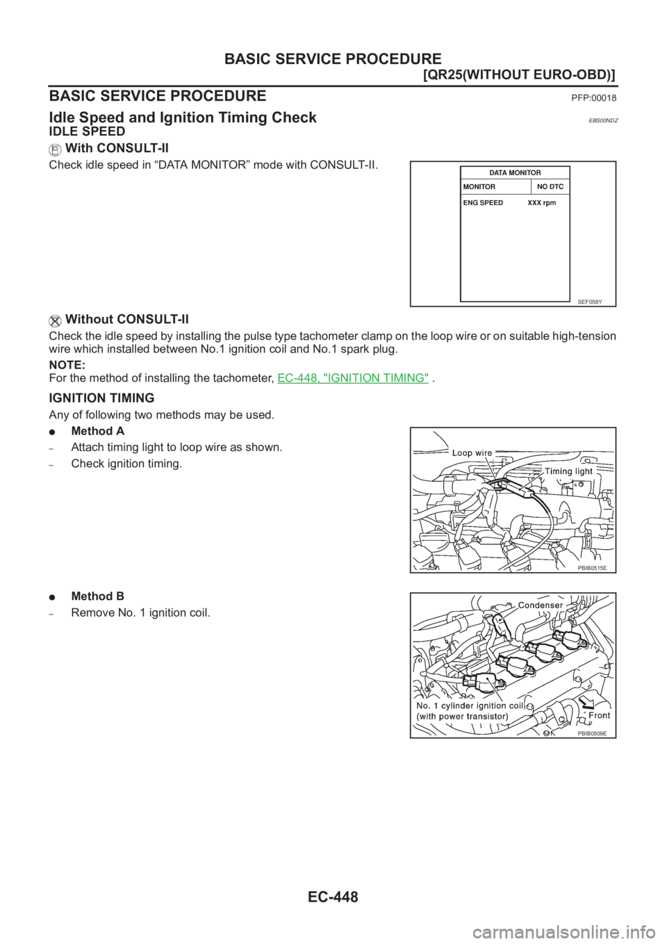 NISSAN X-TRAIL 2001  Service Repair Manual EC-448
[QR25(WITHOUT EURO-OBD)]
BASIC SERVICE PROCEDURE
BASIC SERVICE PROCEDURE
PFP:00018
Idle Speed and Ignition Timing CheckEBS00NDZ
IDLE SPEED
 With CONSULT-II
Check idle speed in “DATA MONITOR