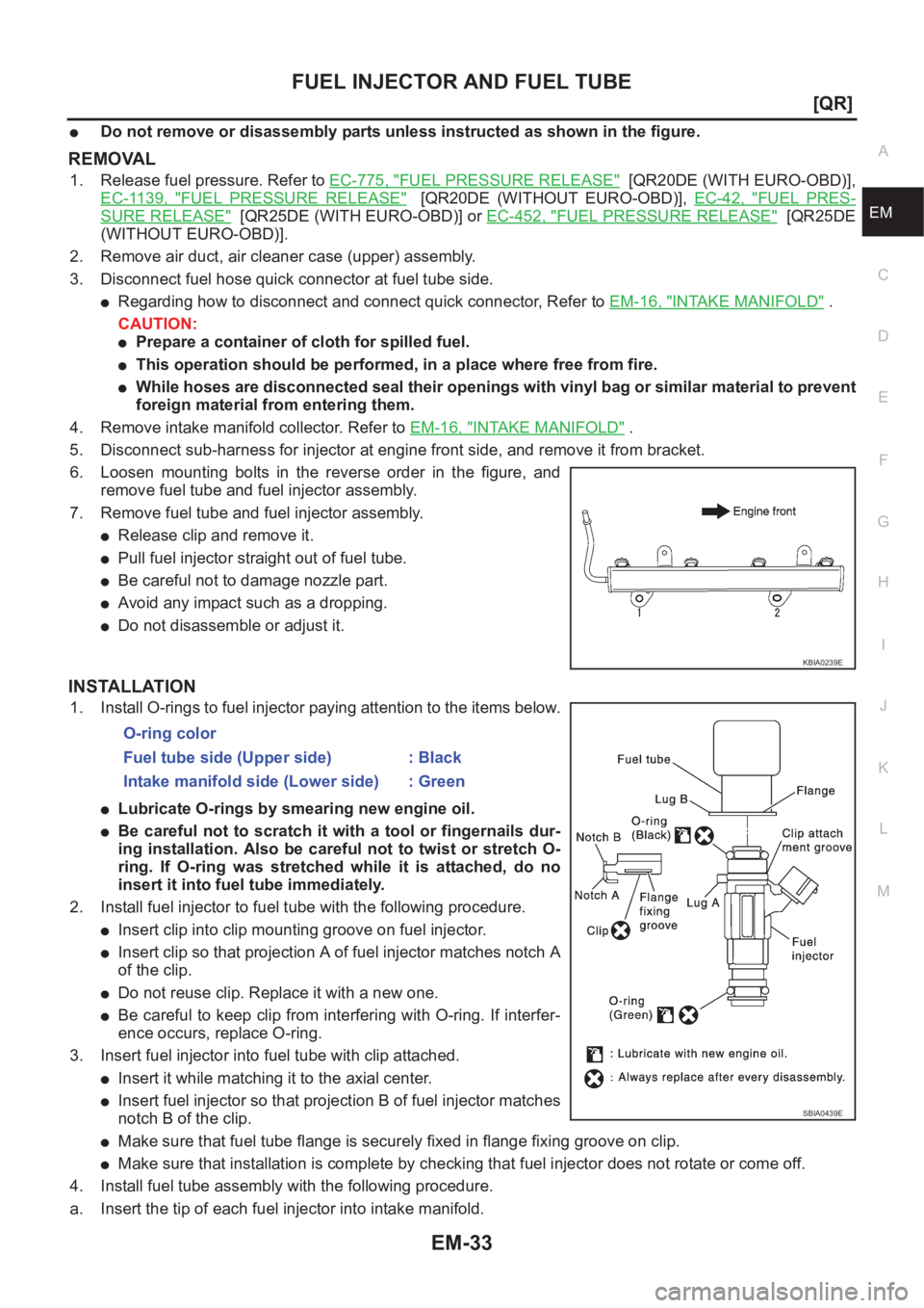 NISSAN X-TRAIL 2001  Service Manual Online FUEL INJECTOR AND FUEL TUBE
EM-33
[QR]
C
D
E
F
G
H
I
J
K
L
MA
EM
●Do not remove or disassembly parts unless instructed as shown in the figure.
REMOVAL
1. Release fuel pressure. Refer to EC-775, "