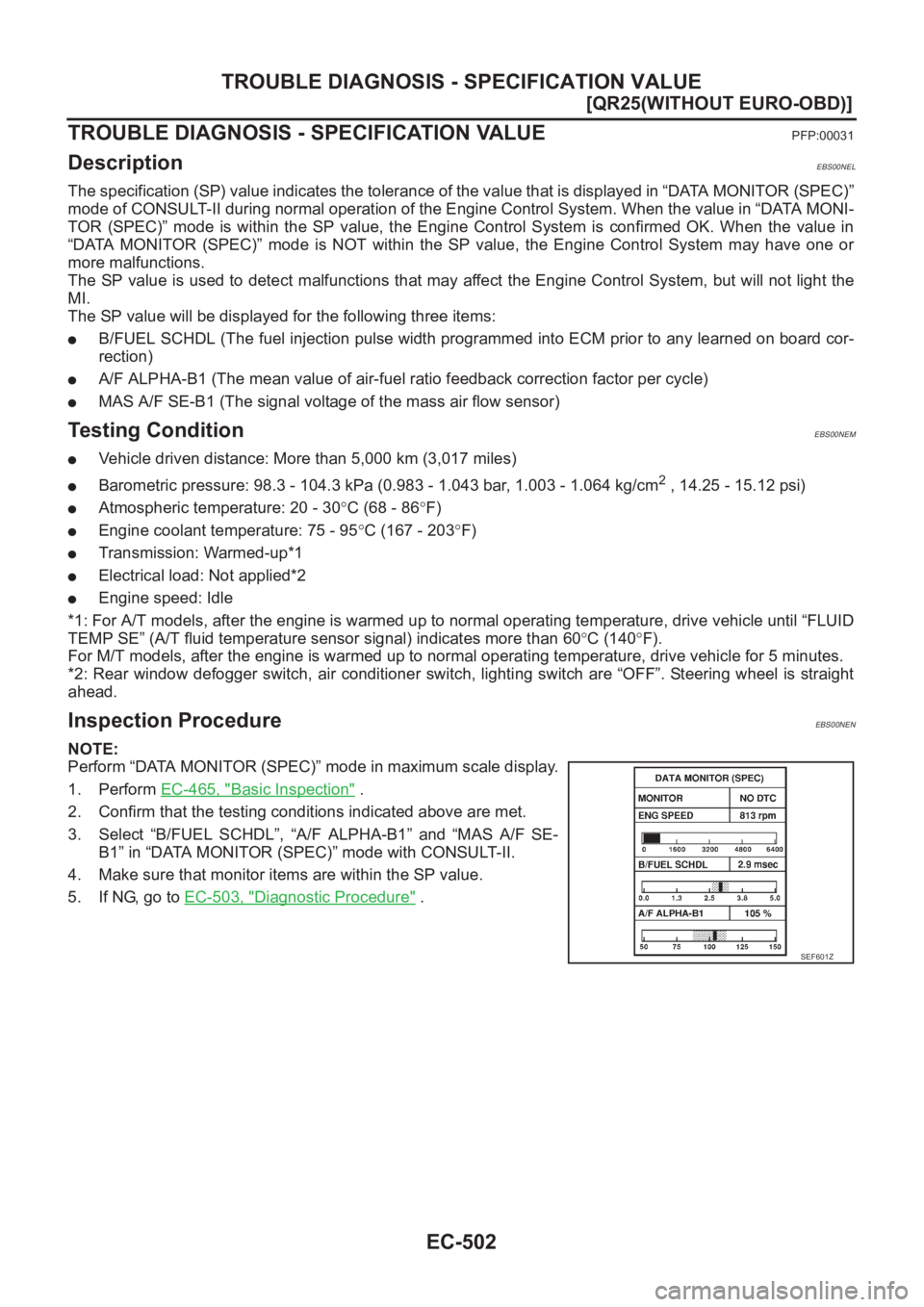 NISSAN X-TRAIL 2001  Service Repair Manual EC-502
[QR25(WITHOUT EURO-OBD)]
TROUBLE DIAGNOSIS - SPECIFICATION VALUE
TROUBLE DIAGNOSIS - SPECIFICATION VALUE
PFP:00031
DescriptionEBS00NEL
The specification (SP) value indicates the tolerance of th