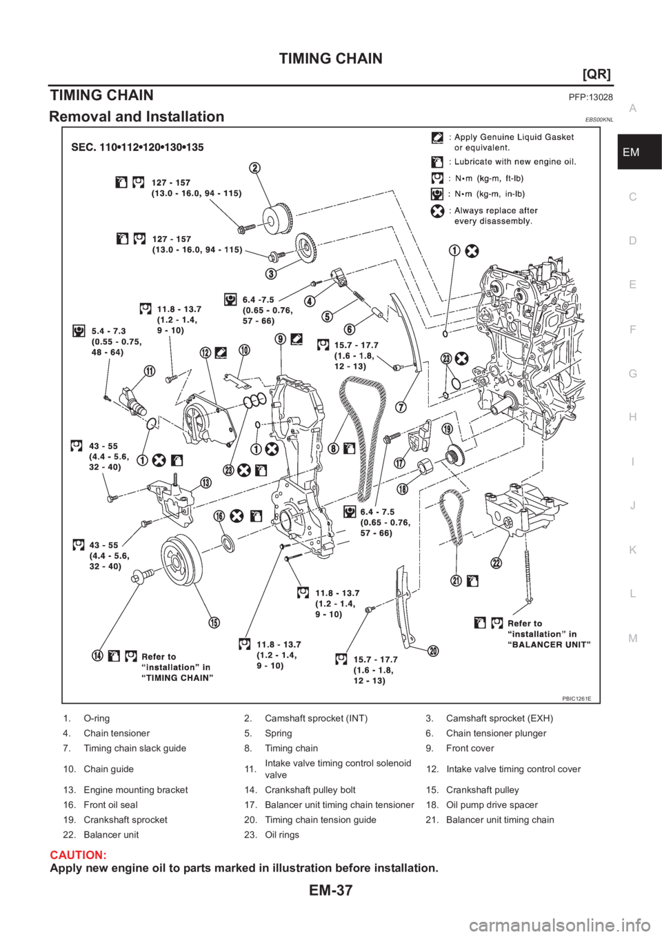 NISSAN X-TRAIL 2001  Service Manual Online TIMING CHAIN
EM-37
[QR]
C
D
E
F
G
H
I
J
K
L
MA
EM
TIMING CHAINPFP:13028
Removal and InstallationEBS00KNL
CAUTION:
Apply new engine oil to parts marked in illustration before installation.
PBIC1261E
1.
