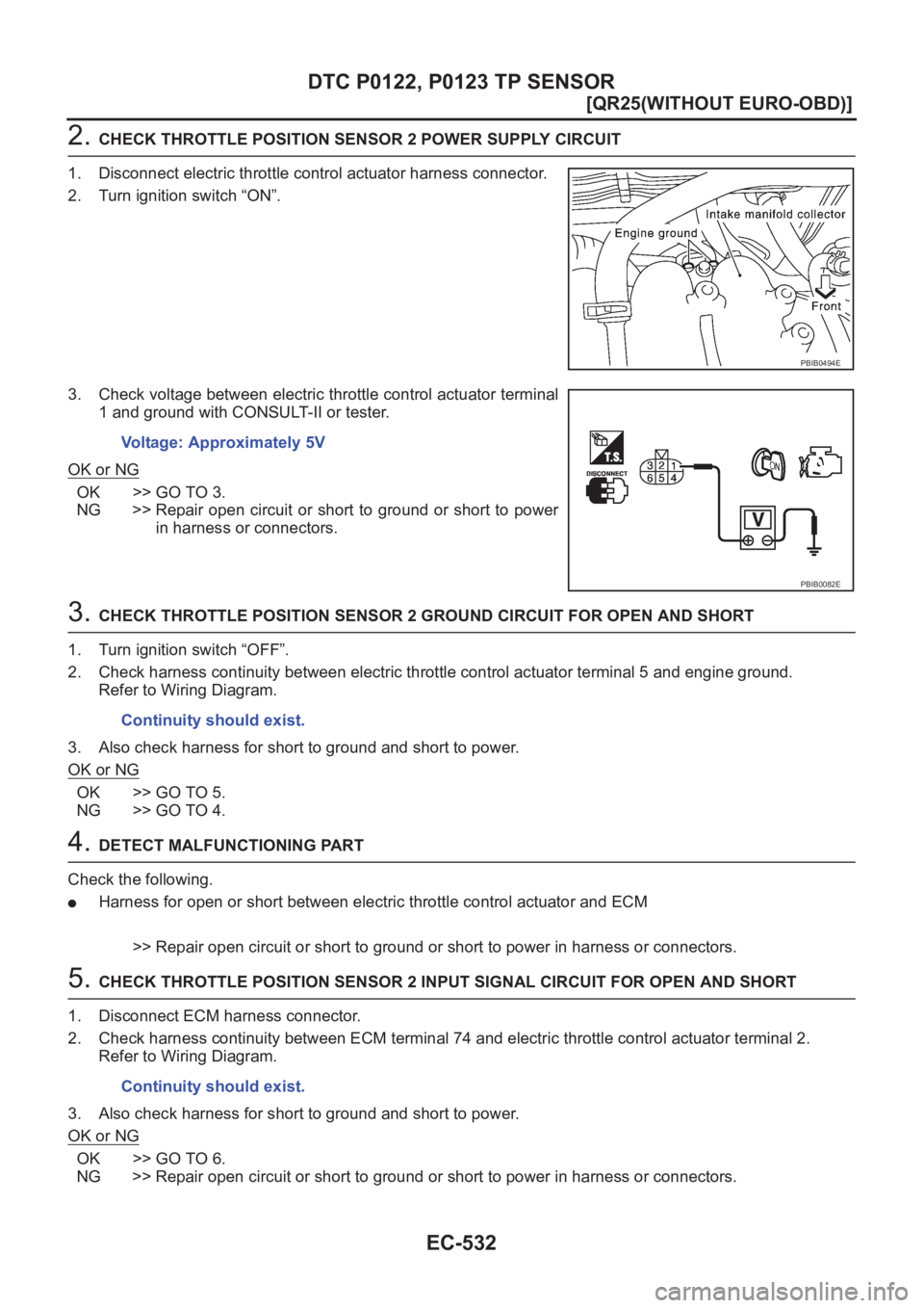NISSAN X-TRAIL 2001  Service Repair Manual EC-532
[QR25(WITHOUT EURO-OBD)]
DTC P0122, P0123 TP SENSOR
2. CHECK THROTTLE POSITION SENSOR 2 POWER SUPPLY CIRCUIT
1. Disconnect electric throttle control actuator harness connector.
2. Turn ignition