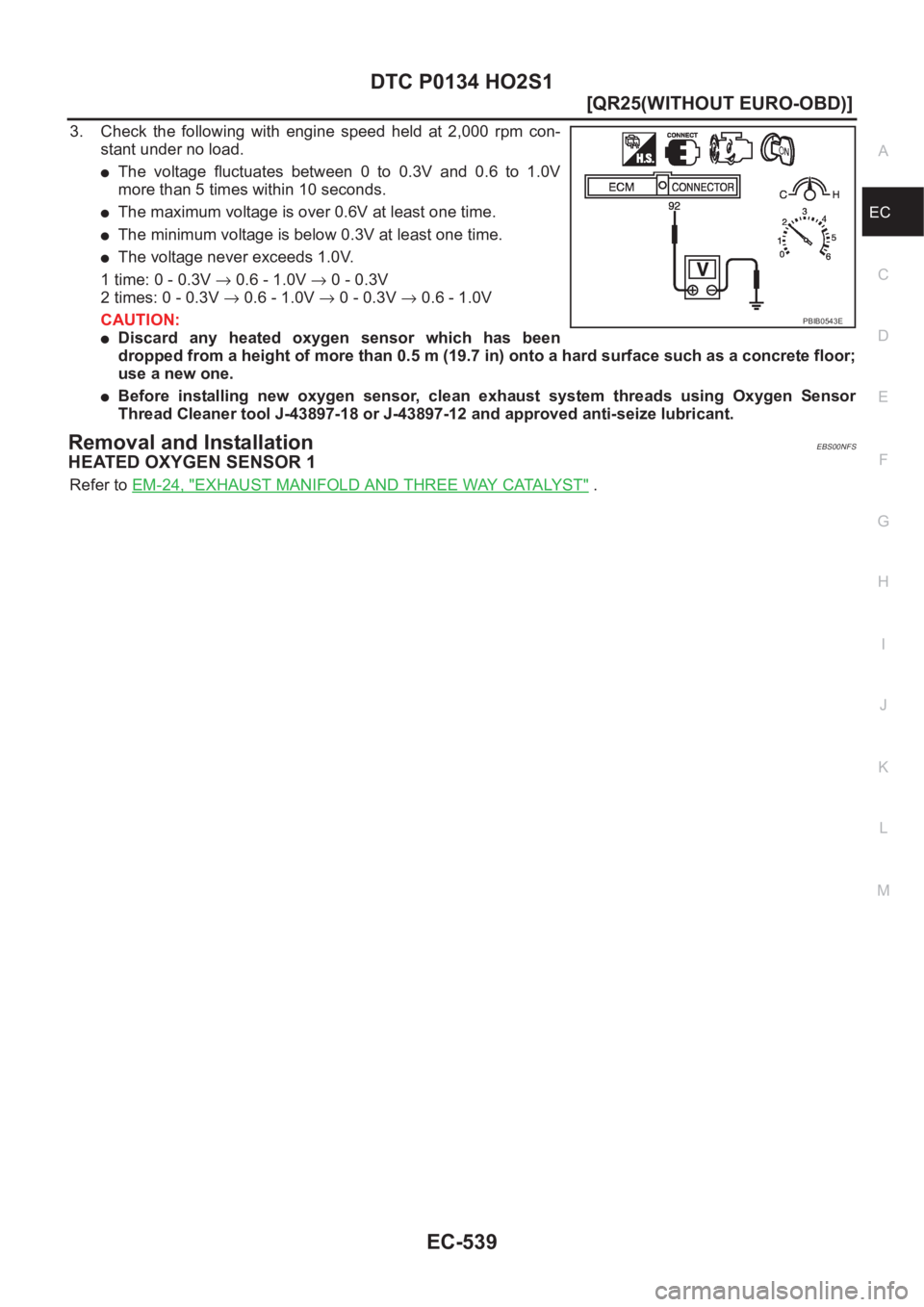 NISSAN X-TRAIL 2001  Service Repair Manual DTC P0134 HO2S1
EC-539
[QR25(WITHOUT EURO-OBD)]
C
D
E
F
G
H
I
J
K
L
MA
EC
3. Check  the  following  with  engine  speed  held  at  2,000  rpm  con-
stant under no load.
●The  voltage  fluctuates  be