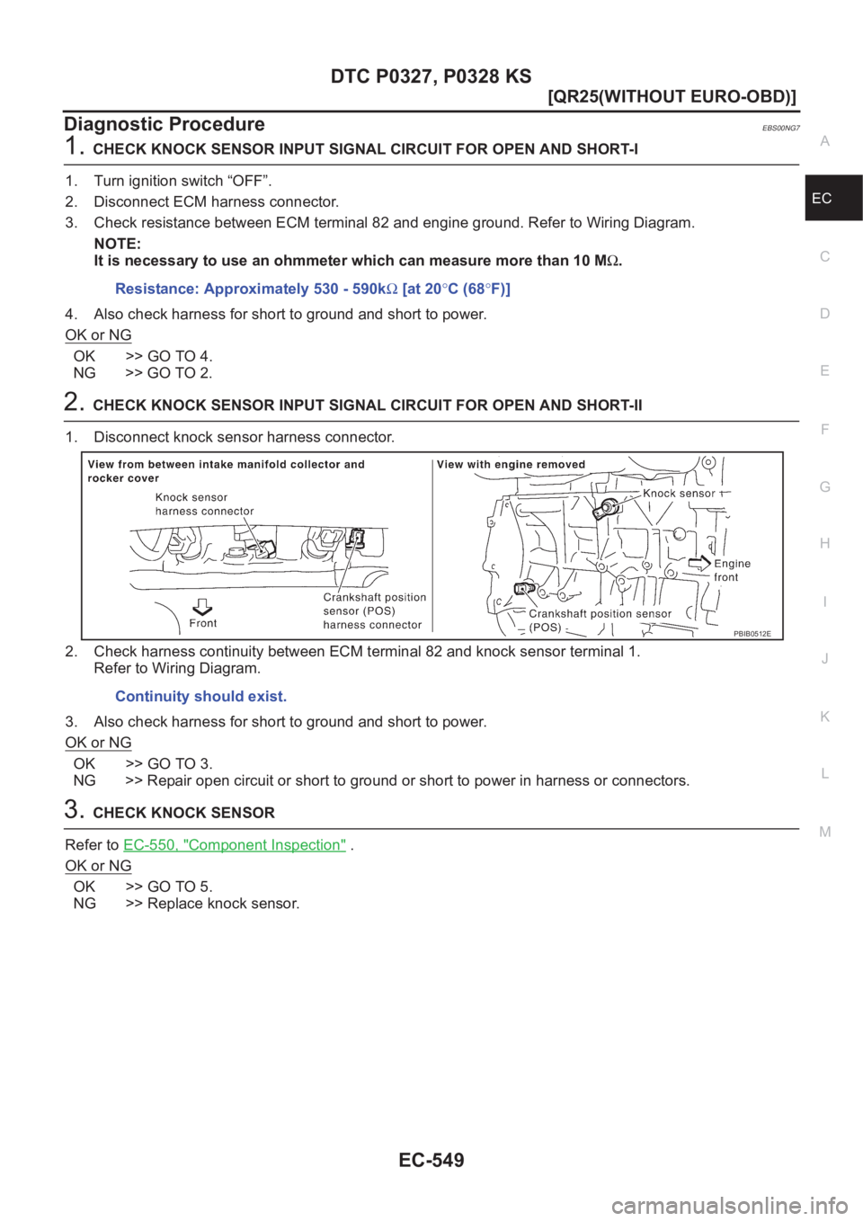 NISSAN X-TRAIL 2001  Service Repair Manual DTC P0327, P0328 KS
EC-549
[QR25(WITHOUT EURO-OBD)]
C
D
E
F
G
H
I
J
K
L
MA
EC
Diagnostic ProcedureEBS00NG7
1.CHECK KNOCK SENSOR INPUT SIGNAL CIRCUIT FOR OPEN AND SHORT-I
1. Turn ignition switch “OFF