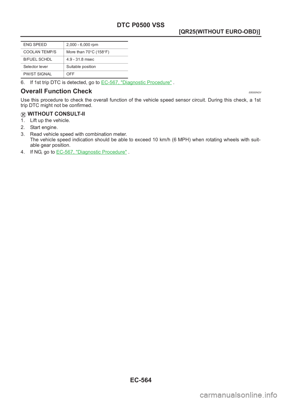 NISSAN X-TRAIL 2001  Service Repair Manual EC-564
[QR25(WITHOUT EURO-OBD)]
DTC P0500 VSS
6. If 1st trip DTC is detected, go to EC-567, "Diagnostic Procedure" .
Overall Function CheckEBS00NGV
Use  this  procedure  to  check  the  overal