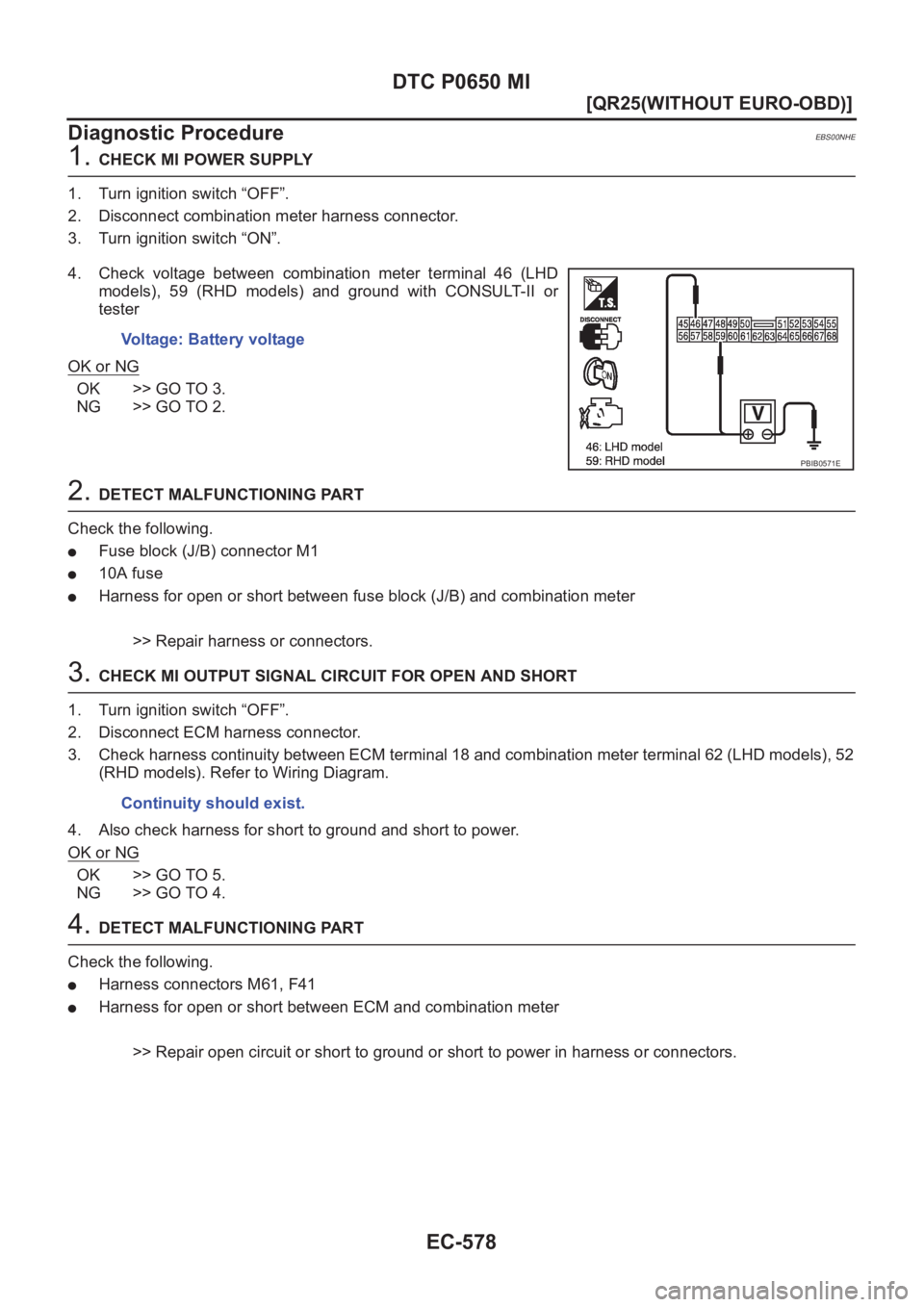 NISSAN X-TRAIL 2001  Service Repair Manual EC-578
[QR25(WITHOUT EURO-OBD)]
DTC P0650 MI
Diagnostic Procedure
EBS00NHE
1. CHECK MI POWER SUPPLY
1. Turn ignition switch “OFF”.
2. Disconnect combination meter harness connector.
3. Turn igniti