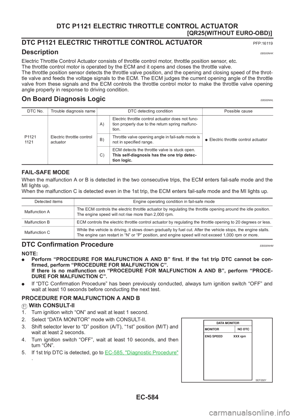 NISSAN X-TRAIL 2001  Service Repair Manual EC-584
[QR25(WITHOUT EURO-OBD)]
DTC P1121 ELECTRIC THROTTLE CONTROL ACTUATOR
DTC P1121 ELECTRIC THROTTLE CONTROL ACTUATOR
PFP:16119
DescriptionEBS00NHK
Electric Throttle Control Actuator consists of t