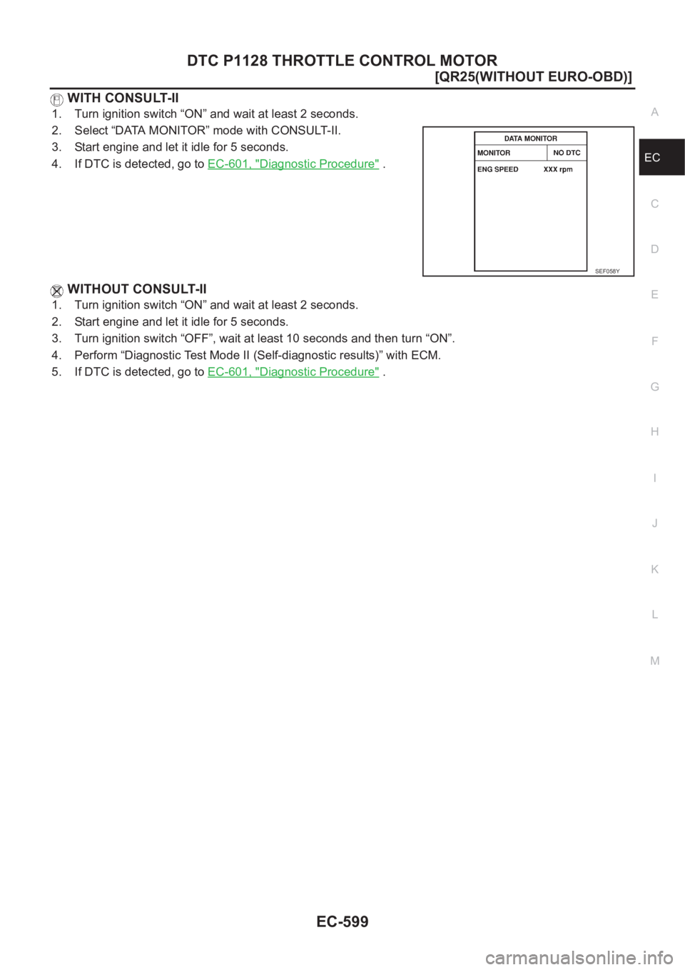 NISSAN X-TRAIL 2001  Service Repair Manual DTC P1128 THROTTLE CONTROL MOTOR
EC-599
[QR25(WITHOUT EURO-OBD)]
C
D
E
F
G
H
I
J
K
L
MA
EC
 WITH CONSULT-II
1. Turn ignition switch “ON” and wait at least 2 seconds.
2. Select “DATA MONITOR” m