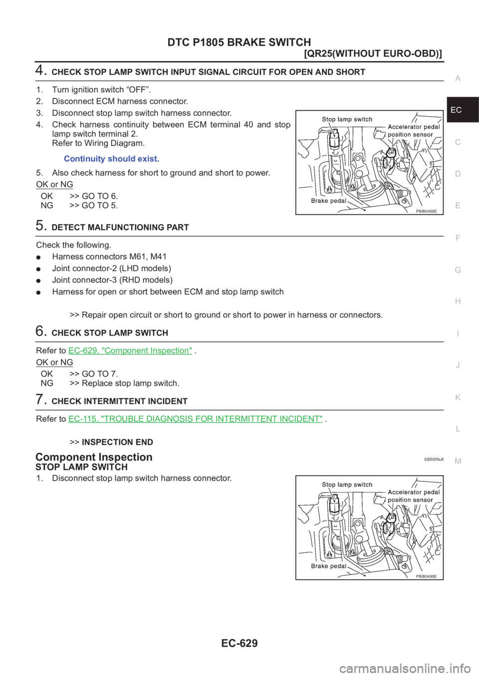 NISSAN X-TRAIL 2001  Service Repair Manual DTC P1805 BRAKE SWITCH
EC-629
[QR25(WITHOUT EURO-OBD)]
C
D
E
F
G
H
I
J
K
L
MA
EC
4.CHECK STOP LAMP SWITCH INPUT SIGNAL CIRCUIT FOR OPEN AND SHORT
1. Turn ignition switch “OFF”.
2. Disconnect ECM h
