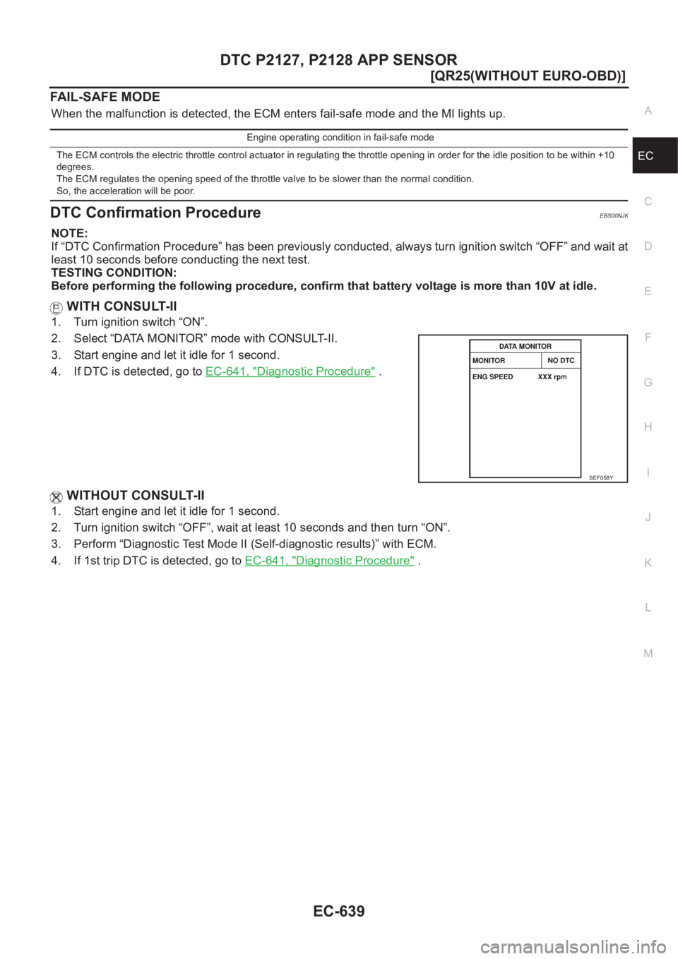 NISSAN X-TRAIL 2001  Service Repair Manual DTC P2127, P2128 APP SENSOR
EC-639
[QR25(WITHOUT EURO-OBD)]
C
D
E
F
G
H
I
J
K
L
MA
EC
FAIL-SAFE MODE
When the malfunction is detected, the ECM enters fail-safe mode and the MI lights up.
DTC Confirmat