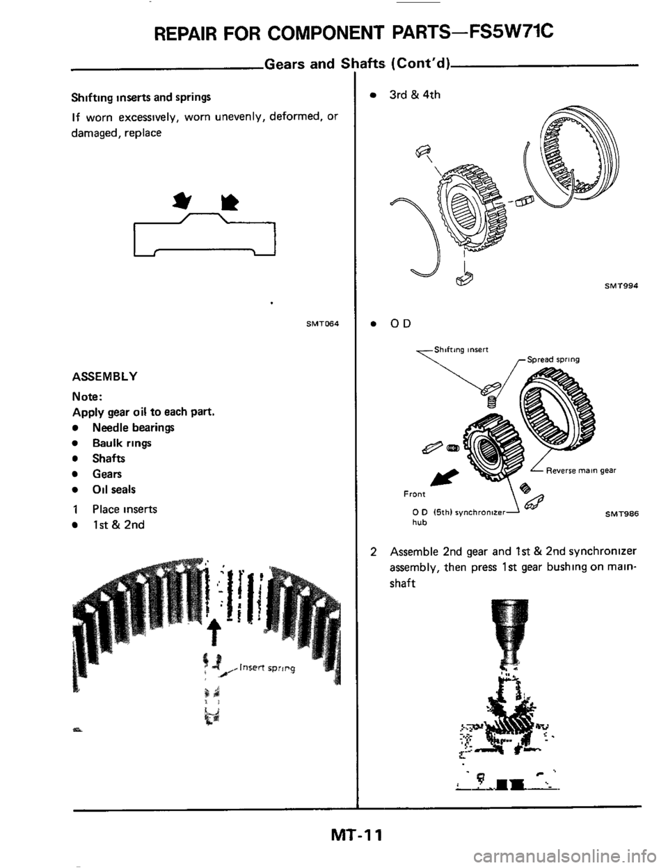 NISSAN 300ZX 1984 Z31 Manual Transmission User Guide REPAIR FOR COMPONENT  PARTS-FS5W71C 
Gears  and S 
Shifting  inserts and springs 
If worn  excessively,  worn unevenly,  deformed, or 
damaged,  replace 
SMTO64 
ASSEMBLY 
Note: 
Apply gear oil to eac