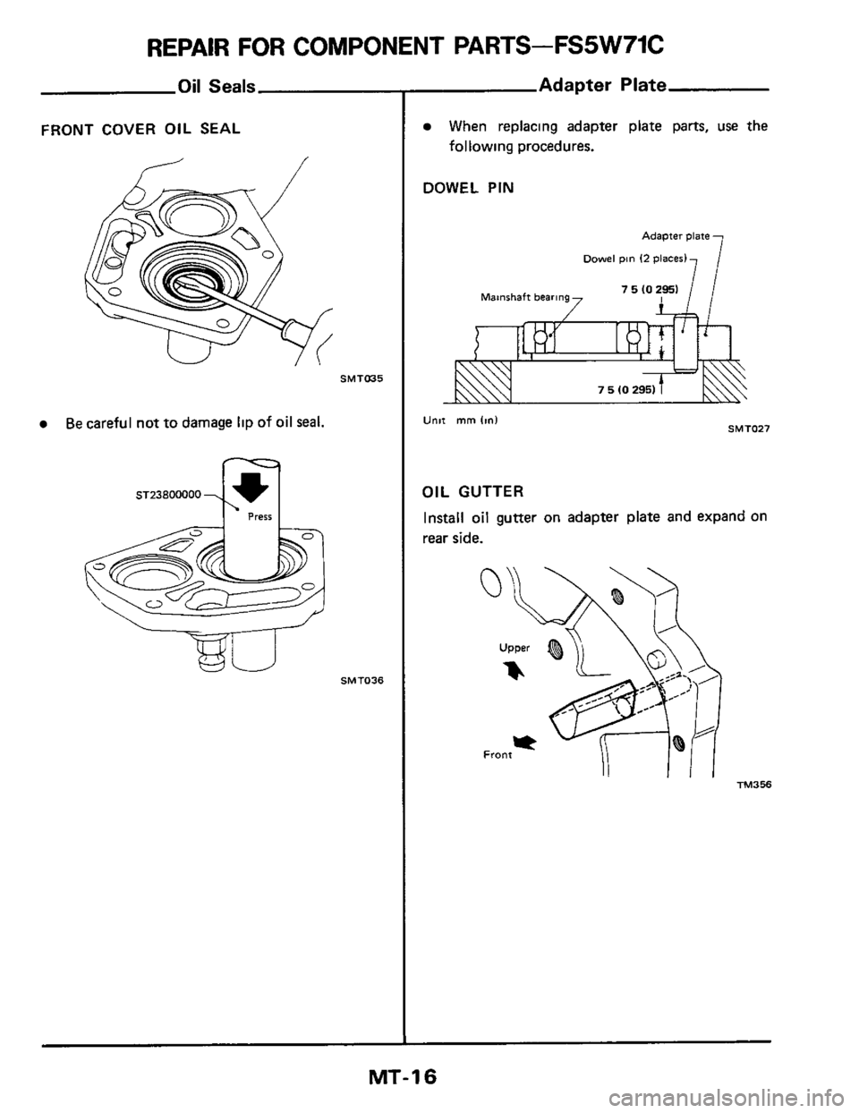 NISSAN 300ZX 1984 Z31 Manual Transmission Workshop Manual REPAIR FOR COMPONENT  PARTS-FS5W71C 
Oil Seals 
FRONT COVER OIL SEAL 
Be careful not to damage  lip of oil  seal. 
ST23800000 
Adapter  Plate 
When replacing  adapter plate parts,  use the 
following 