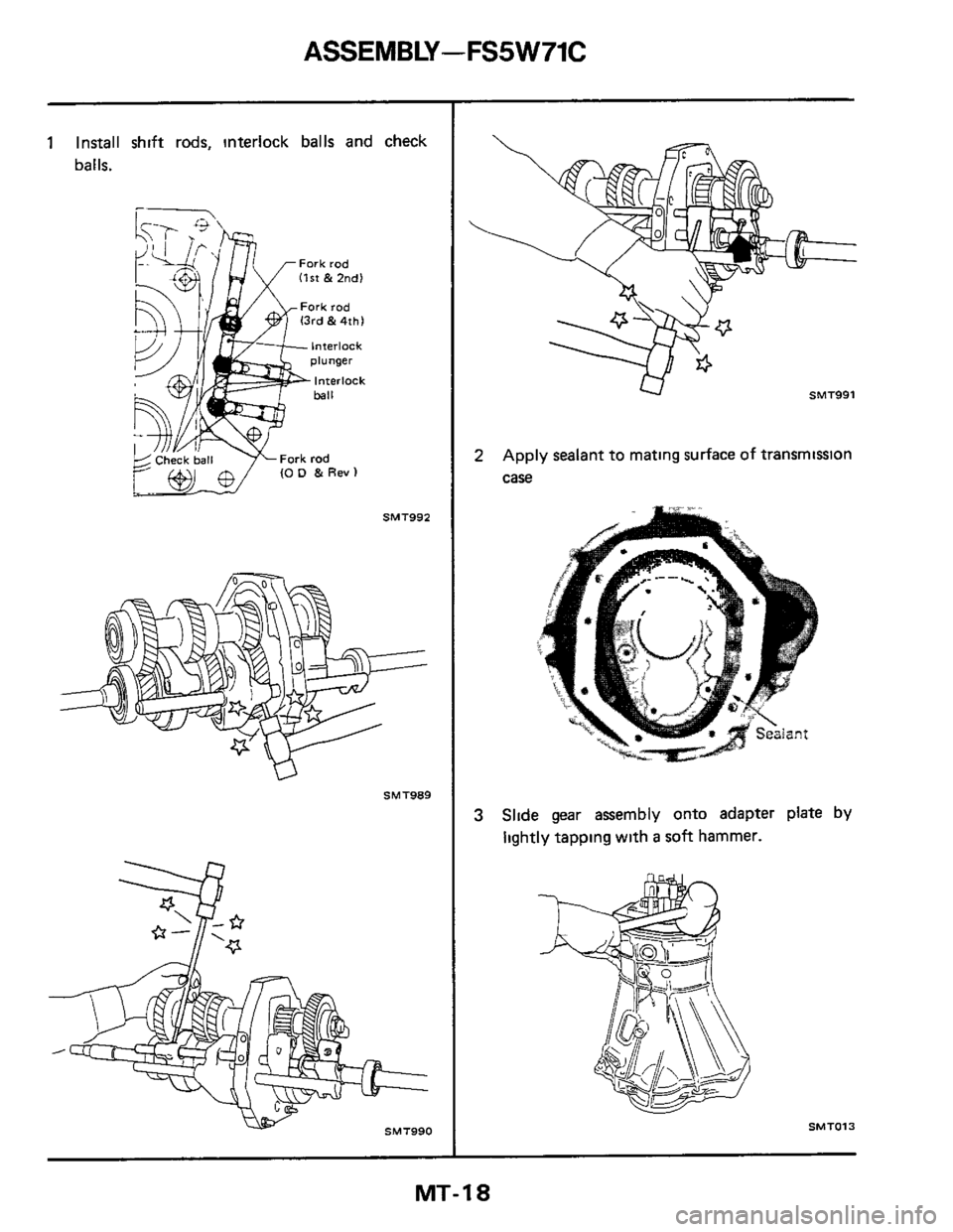 NISSAN 300ZX 1984 Z31 Manual Transmission Workshop Manual ASSEMBLY -FS5 W71C 
1 Install shift rods,  interlock  balls and check 
balls. 
SMT992 
SMT989 
SMT990 
U SMT991 
2 Apply  sealant  to mating  surface  of transmission 
case 
3 Slide  gear assembly  on