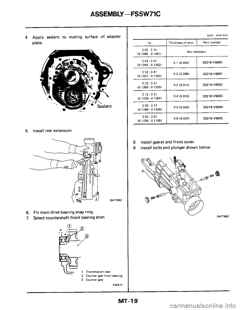 NISSAN 300ZX 1984 Z31 Manual Transmission User Guide ASSEMBLY - FS5W71C 
- 
 A 
4 Apply sealant to mating  surface of adapter 
plate. 
Thickness of shim Part number 
5 Install  rear extension 
01 (00041 342-3  51 
(0 1346-0  13821 
3 32-341 
10 1307 -