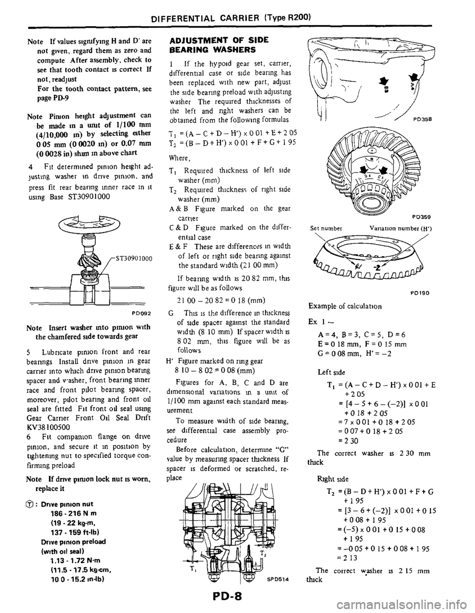NISSAN 300ZX 1984 Z31 Propeller Shaft And Differential Carrier Workshop Manual DIFFERENTIAL CARRIER (Type R200) 
Note If values  sigrufying H and D are 
not  given,  regard  them as zero  and 
compute  After  assembly,  check  to 
see  that  tooth  contact 
is correct  If 
not,
