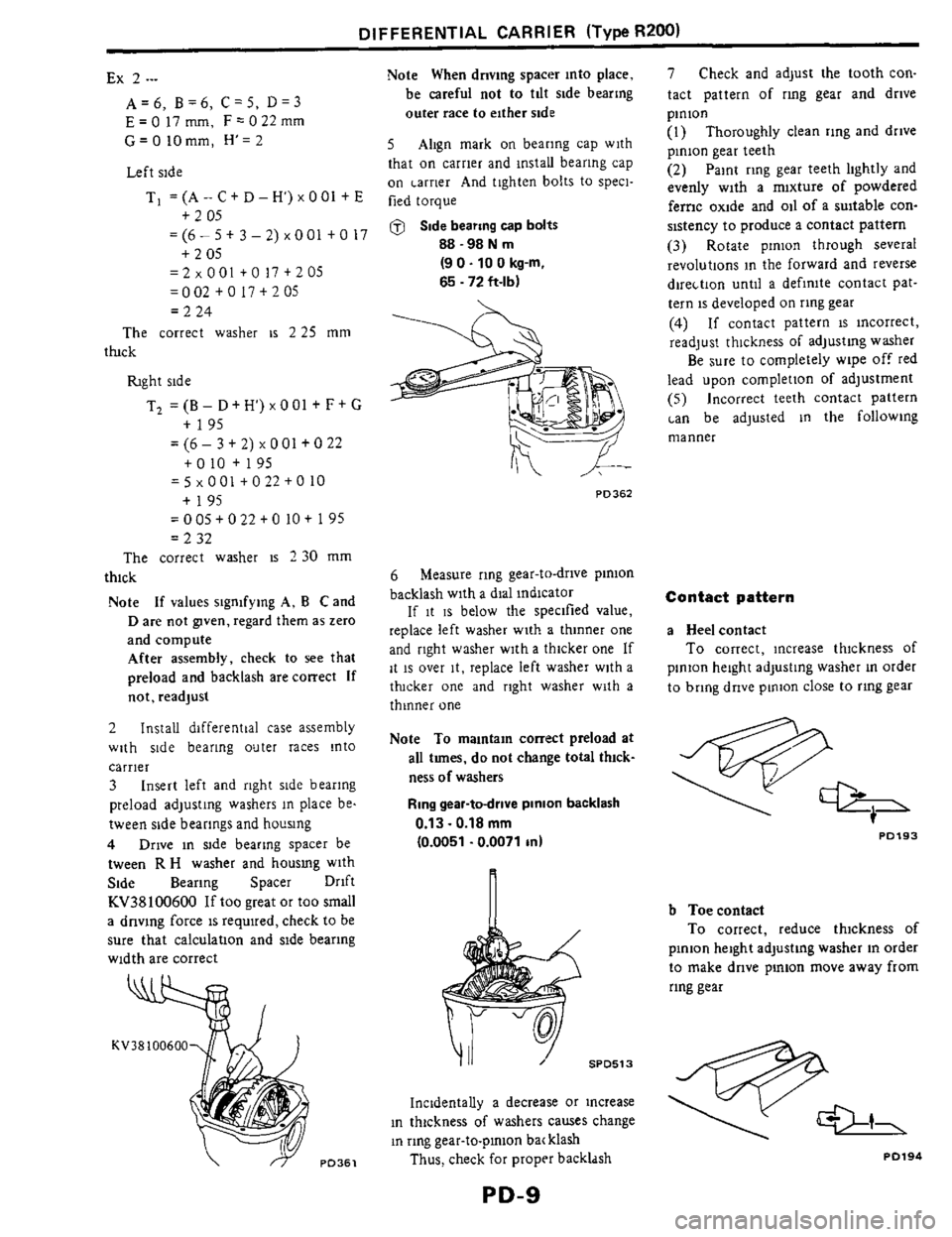 NISSAN 300ZX 1984 Z31 Propeller Shaft And Differential Carrier Workshop Manual DIFFERENTIAL CARRIER (Type R200) 
Ex 2 .-- 
A=6, B=6, C=5, D=3 
E=O17mm, F-022mm 
G=OIOmm, H=2 
Left side 
Ti =(A - C t D - H) x 001 +E 
=(6- 5 t 3 - 2) x 001 t 0 I7 
=2 x 001 +O 17 t 2 05 
= 0 02 t