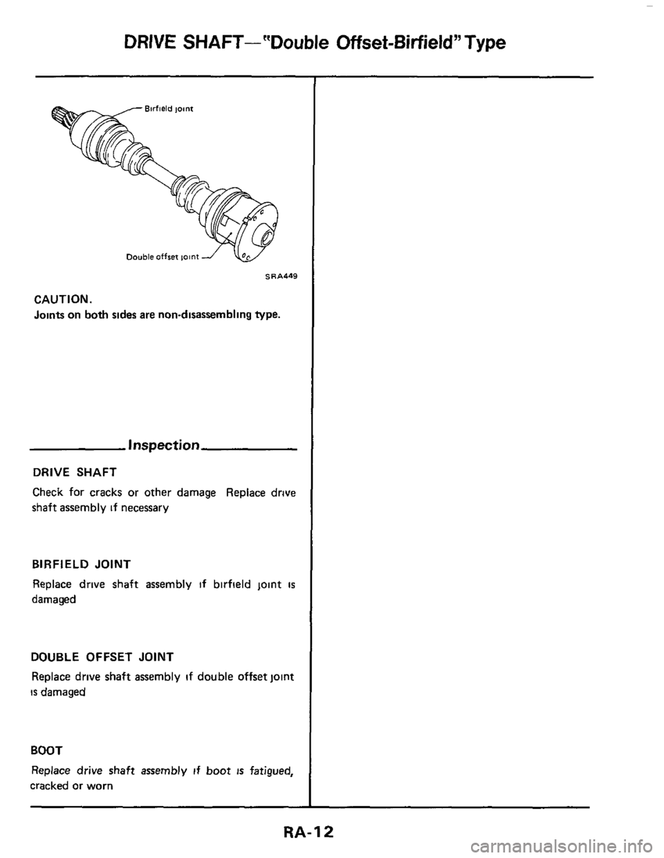 NISSAN 300ZX 1984 Z31 Rear Suspension Workshop Manual DRIVE SHAFT- “Double Offset-Birfield” Type 
S R A449 
CAUTION. 
Joints on 
both sides are non-disassembling type. 
Inspection 
DRIVE  SHAFT 
Check  for cracks 
or other  damage  Replace  dnve 
sha