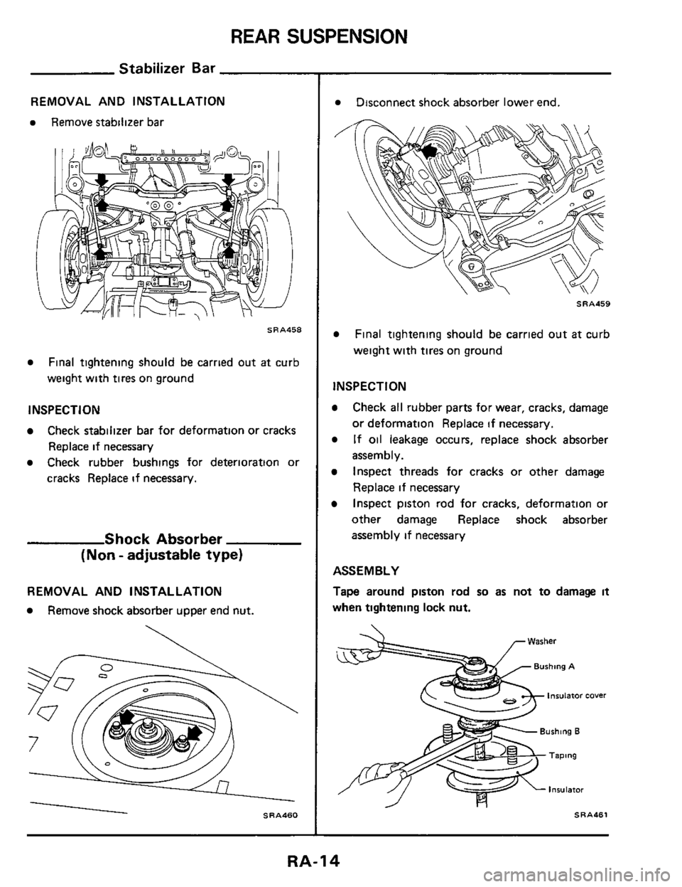 NISSAN 300ZX 1984 Z31 Rear Suspension User Guide REAR SUSPENSION 
Stabilizer Bar 
REMOVAL AND INSTALLATION 
Remove  stabilizer  bar 
SRA458 
Final tightening  should  be carried  out at curb 
weight  with 
tires on ground 
INSPECTION 
Check  stabili