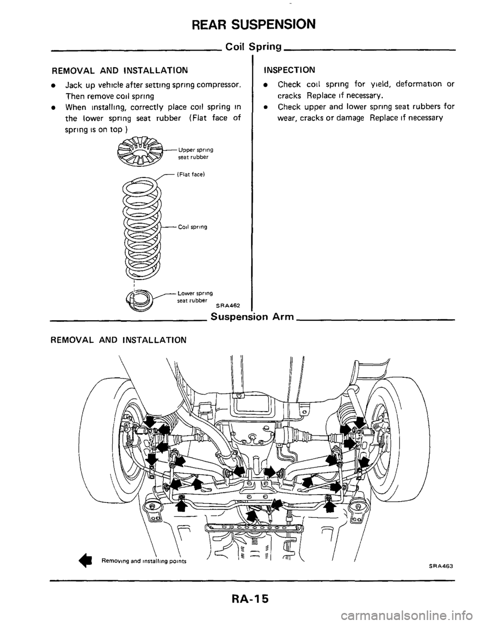 NISSAN 300ZX 1984 Z31 Rear Suspension Workshop Manual REAR SUSPENSION 
Coil Spring 
REMOVAL AND INSTALLATION 
Jack up vehicle  after setting  spring compressor. 
Then  remove  coil spring 
When  installing,  correctly place coil spring  in 
the  lower  s