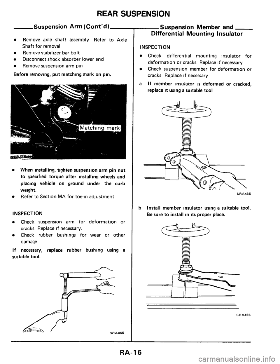 NISSAN 300ZX 1984 Z31 Rear Suspension User Guide REAR SUSPENSION
Suspension Arm (Contd)
Remove axle shaft assembly Refer to Axle
Remove stabilizer bar bolt
Remove suspension arm pin
Before removing, put matching mark on pin.
Shaft fo NISSAN 300ZX 1984 Z31 Rear Suspension User Guide REAR SUSPENSION
Suspension Arm (Contd)
Remove axle shaft assembly Refer to Axle
Remove stabilizer bar bolt
Remove suspension arm pin
Before removing, put matching mark on pin.
Shaft fo