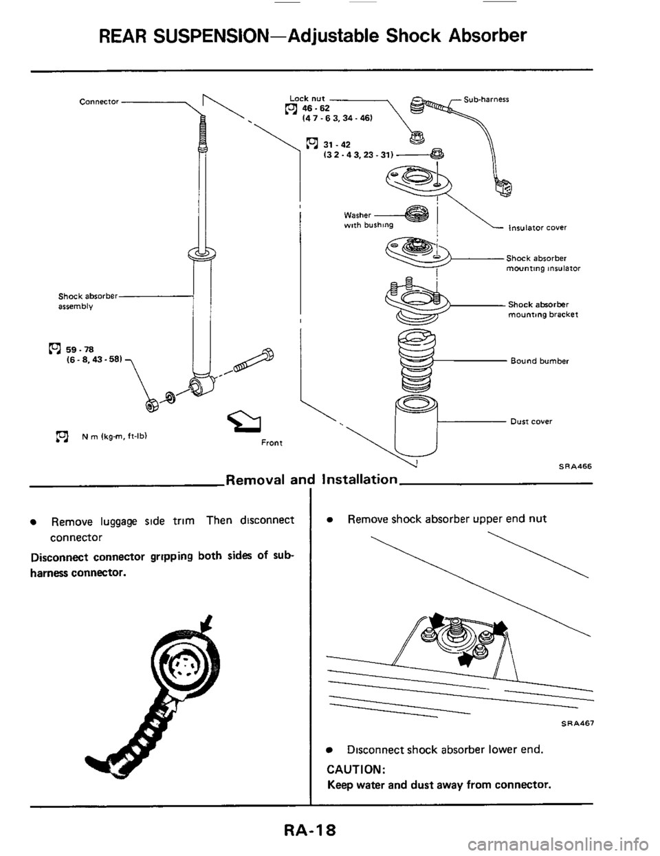 NISSAN 300ZX 1984 Z31 Rear Suspension Workshop Manual ~  ~  ~ REAR 
SUSPENSION-Adjustable Shock Absorber 
Shock  absorber A 
assembly 11 
I Insulator cover I 
Shock  absorber 
mounting  insulator 
Shock abrorber mounting bracket 
Removal an 
Remove lugga