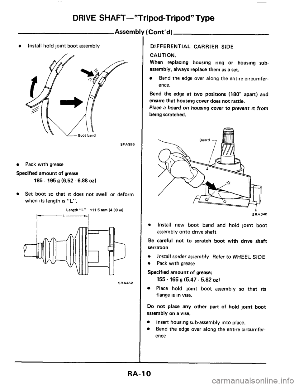NISSAN 300ZX 1984 Z31 Rear Suspension Workshop Manual DRIVE SHAFT-"Tripod-Tripod" Type
Assemb
Install hold joint boot assembly
SFA395
Pack with grease
Specified amount of grease
185 - 195 g (6.52 - 6.88 02)
Set boot so that it does not swell NISSAN 300ZX 1984 Z31 Rear Suspension Workshop Manual DRIVE SHAFT-"Tripod-Tripod" Type
Assemb
Install hold joint boot assembly
SFA395
Pack with grease
Specified amount of grease
185 - 195 g (6.52 - 6.88 02)
Set boot so that it does not swell