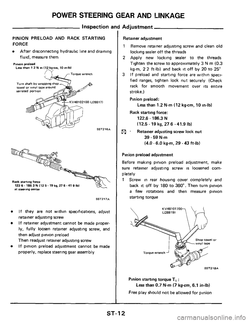NISSAN 300ZX 1984 Z31 Steering System User Guide POWER STEERING GEAR AND LINKAGE
Inspection and Adjustment
PINION PRELOAD AND RACK STARTING
FORCE
After disconnecting hydraulic line and draining
fluid, measure them
Pmon preload Less th NISSAN 300ZX 1984 Z31 Steering System User Guide POWER STEERING GEAR AND LINKAGE
Inspection and Adjustment
PINION PRELOAD AND RACK STARTING
FORCE
After disconnecting hydraulic line and draining
fluid, measure them
Pmon preload Less th