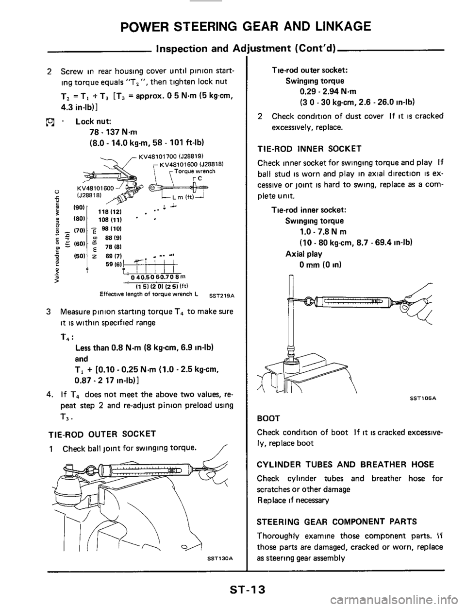 NISSAN 300ZX 1984 Z31 Steering System Workshop Manual POWER STEERING GEAR AND LINKAGE 
inspection  and Ac 
2 Screw in rear  housing  cover until pinion  start- 
ing  torque  equals "T, 
", then tighten  lock nut 
T,  =TI 
+ T3  [T3 = approx. 0 5 N.m  (5 