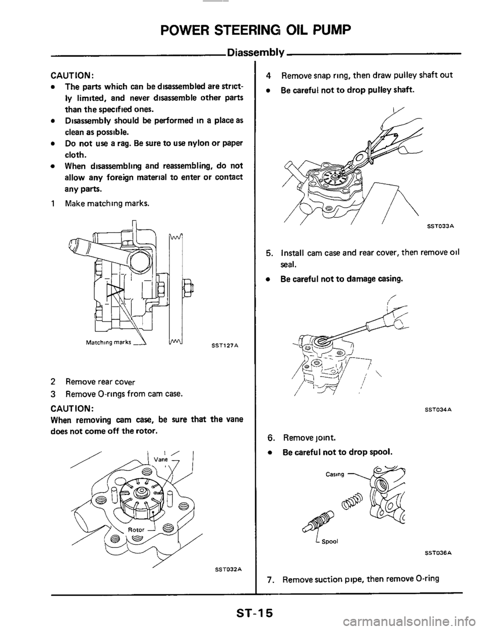NISSAN 300ZX 1984 Z31 Steering System User Guide POWER STEERING OIL PUMP
Diassernbl y
CAUTION:
a The parts which can be disassembled are strict-
ly limited, and never disassemble other parts
than the specified ones.
Disassembly should NISSAN 300ZX 1984 Z31 Steering System User Guide POWER STEERING OIL PUMP
Diassernbl y
CAUTION:
a The parts which can be disassembled are strict-
ly limited, and never disassemble other parts
than the specified ones.
Disassembly should