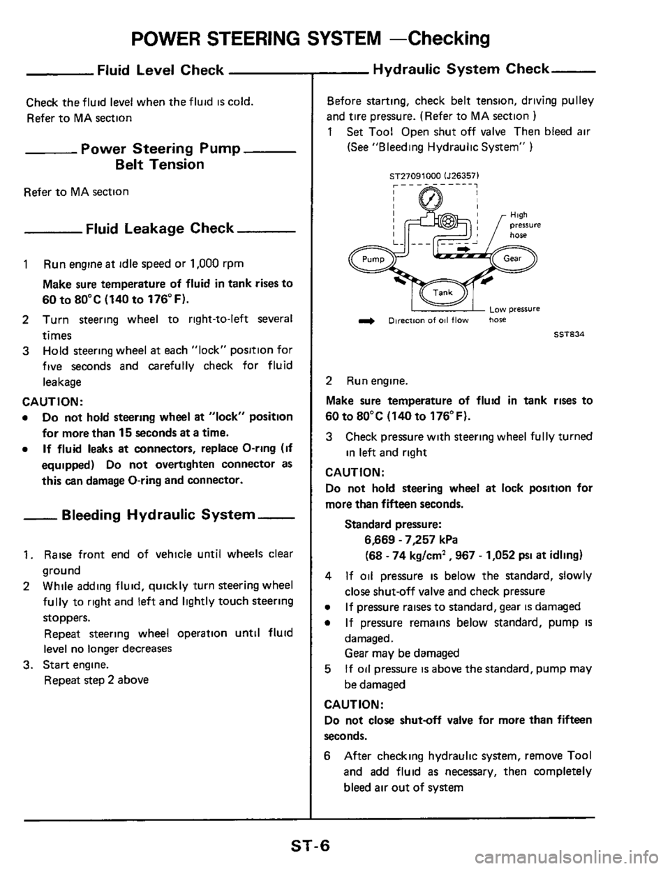 NISSAN 300ZX 1984 Z31 Steering System Workshop Manual POWER STEERING SYSTEM -Checking 
Fluid Level  Check 
Check the fluid level when  the fluid IS cold. 
Refer  to MA  section 
Power  Steering  Pump 
Belt  Tension 
Refer  to MA  section 
Fluid  Leakage 