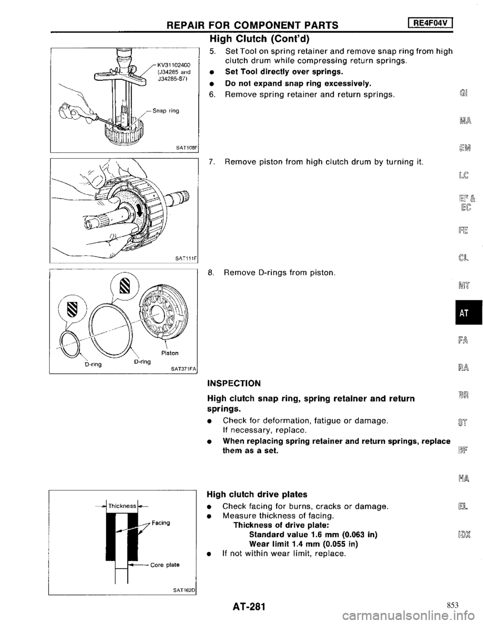 NISSAN MAXIMA 1994 A32 / 4.G Automatic Transaxle Workshop Manual 853 