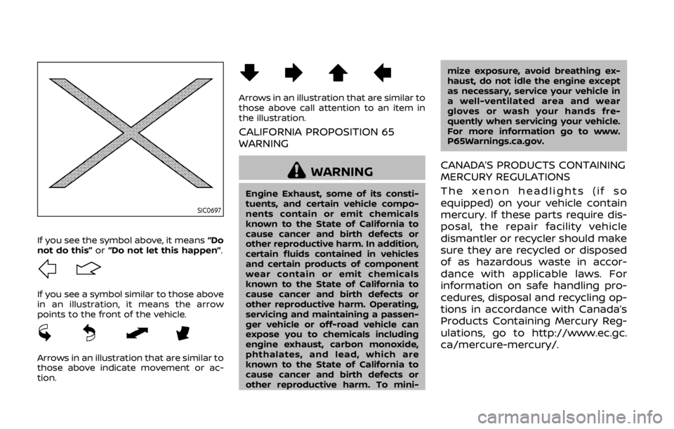 NISSAN 370Z COUPE 2019  Owners Manual SIC0697
If you see the symbol above, it means“Do
not do this” or“Do not let this happen”.
If you see a symbol similar to those above
in an illustration, it means the arrow
points to the front 