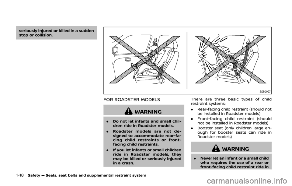 NISSAN 370Z COUPE 2019 Service Manual 1-18Safety — Seats, seat belts and supplemental restraint system
seriously injured or killed in a sudden
stop or collision.
SSS0927
FOR ROADSTER MODELS
WARNING
.Do not let infants and small chil-
dr