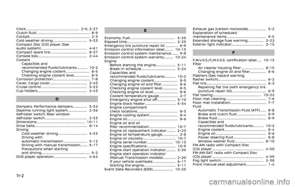 NISSAN 370Z COUPE 2019  Owners Manual 11-2
Clock ........................................................................\
... 2-9, 2-27
Clutch fluid........................................................................\
.... 8-9
Cockpi