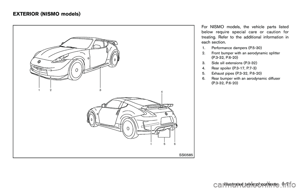 NISSAN 370Z COUPE 2012 User Guide SSI0585
For NISMO models, the vehicle parts listed
below require special care or caution for
treating. Refer to the additional information in
each section.
1. Performance dampers (P.5-30)
2. Front bum