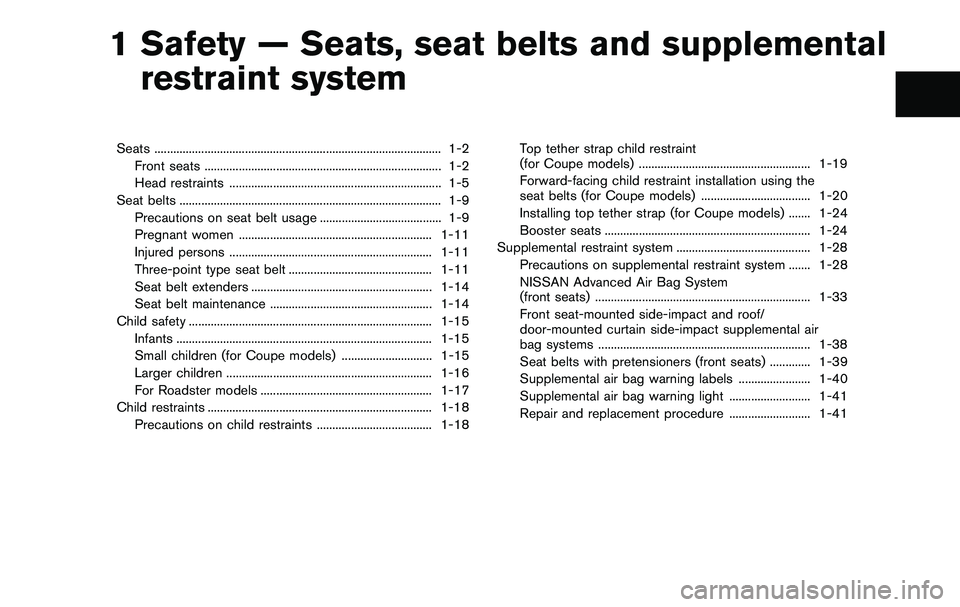 NISSAN 370Z COUPE 2012 Owners Manual 1 Safety — Seats, seat belts and supplementalrestraint system
Seats ........................................................................\
.................... 1-2
Front seats ...................