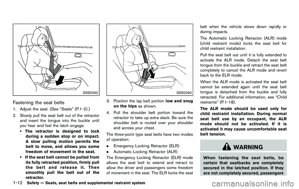 NISSAN 370Z COUPE 2012  Owners Manual 1-12Safety — Seats, seat belts and supplemental restraint system
SSS0292
Fastening the seat belts
1. Adjust the seat. (See “Seats” (P.1-2) .)
2. Slowly pull the seat belt out of the retractorand