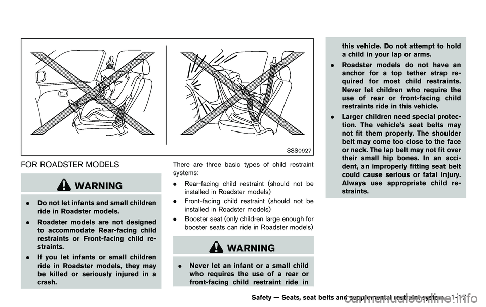 NISSAN 370Z COUPE 2012 Owners Guide SSS0927
FOR ROADSTER MODELS
WARNING
.Do not let infants and small children
ride in Roadster models.
. Roadster models are not designed
to accommodate Rear-facing child
restraints or Front-facing child