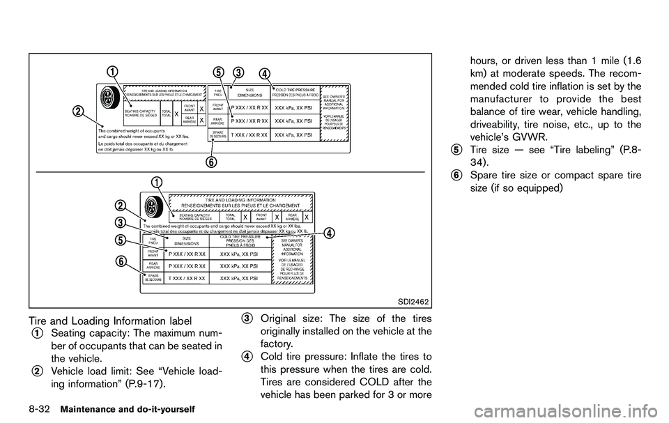 NISSAN 370Z COUPE 2012 Owners Manual 8-32Maintenance and do-it-yourself
SDI2462
Tire and Loading Information label
*1Seating capacity: The maximum num-
ber of occupants that can be seated in
the vehicle.
*2Vehicle load limit: See “Vehi NISSAN 370Z COUPE 2012 Owners Manual 8-32Maintenance and do-it-yourself
SDI2462
Tire and Loading Information label
*1Seating capacity: The maximum num-
ber of occupants that can be seated in
the vehicle.
*2Vehicle load limit: See “Vehi