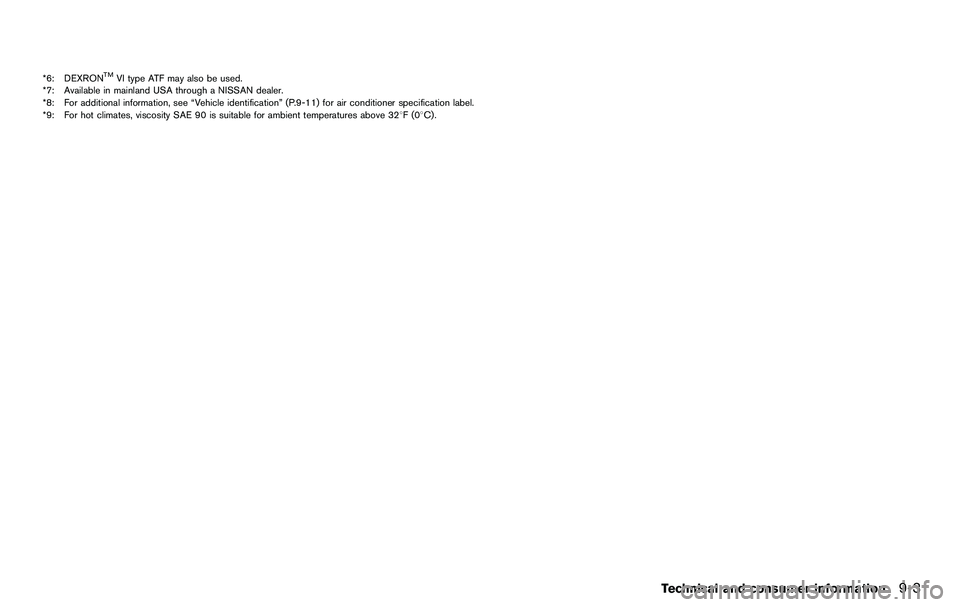 NISSAN 370Z COUPE 2012 Owners Manual *6: DEXRONTMVI type ATF may also be used.
*7: Available in mainland USA through a NISSAN dealer.
*8: For additional information, see “Vehicle identification” (P.9-11) for air conditioner specifica NISSAN 370Z COUPE 2012 Owners Manual *6: DEXRONTMVI type ATF may also be used.
*7: Available in mainland USA through a NISSAN dealer.
*8: For additional information, see “Vehicle identification” (P.9-11) for air conditioner specifica