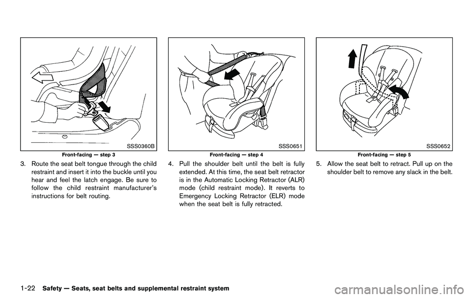 NISSAN 370Z COUPE 2012  Owners Manual 1-22Safety — Seats, seat belts and supplemental restraint system
SSS0360B
Front-facing — step 3
3. Route the seat belt tongue through the childrestraint and insert it into the buckle until you
hea