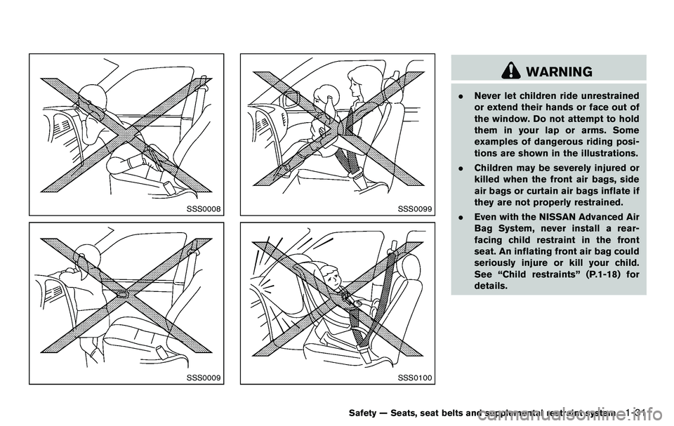 NISSAN 370Z COUPE 2012 Workshop Manual SSS0008
SSS0009
SSS0099
SSS0100
WARNING
.Never let children ride unrestrained
or extend their hands or face out of
the window. Do not attempt to hold
them in your lap or arms. Some
examples of dangero
