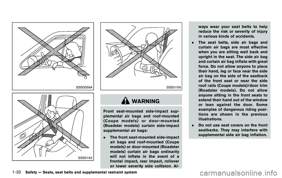 NISSAN 370Z COUPE 2012 Workshop Manual 1-32Safety — Seats, seat belts and supplemental restraint system
SSS0059A
SSS0162
SSS0159
WARNING
Front seat-mounted side-impact sup-
plemental air bags and roof-mounted
(Coupe models) or door-mount