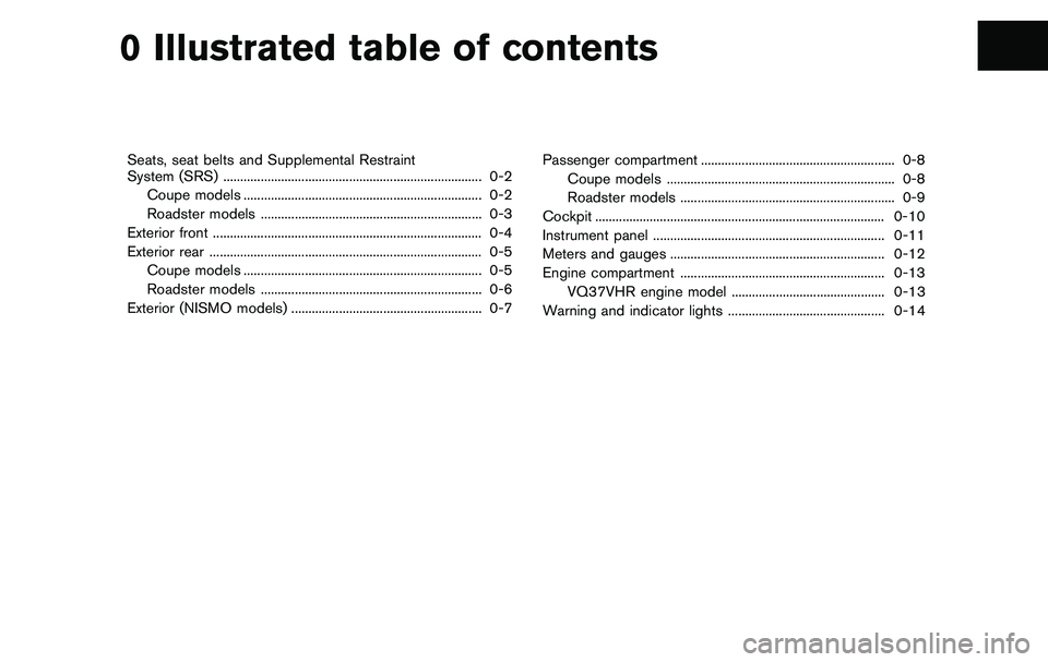 NISSAN 370Z COUPE 2012  Owners Manual 0 Illustrated table of contents
Seats, seat belts and Supplemental Restraint
System (SRS) ........................................................................\
.... 0-2Coupe models ...............