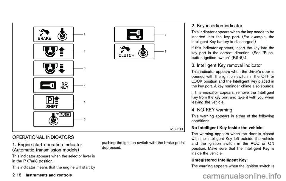 NISSAN 370Z COUPE 2012 Manual Online 2-18Instruments and controls
JVI0351X
OPERATIONAL INDICATORS
1. Engine start operation indicator
(Automatic transmission models)
This indicator appears when the selector lever is
in the P (Park) posit NISSAN 370Z COUPE 2012 Manual Online 2-18Instruments and controls
JVI0351X
OPERATIONAL INDICATORS
1. Engine start operation indicator
(Automatic transmission models)
This indicator appears when the selector lever is
in the P (Park) posit