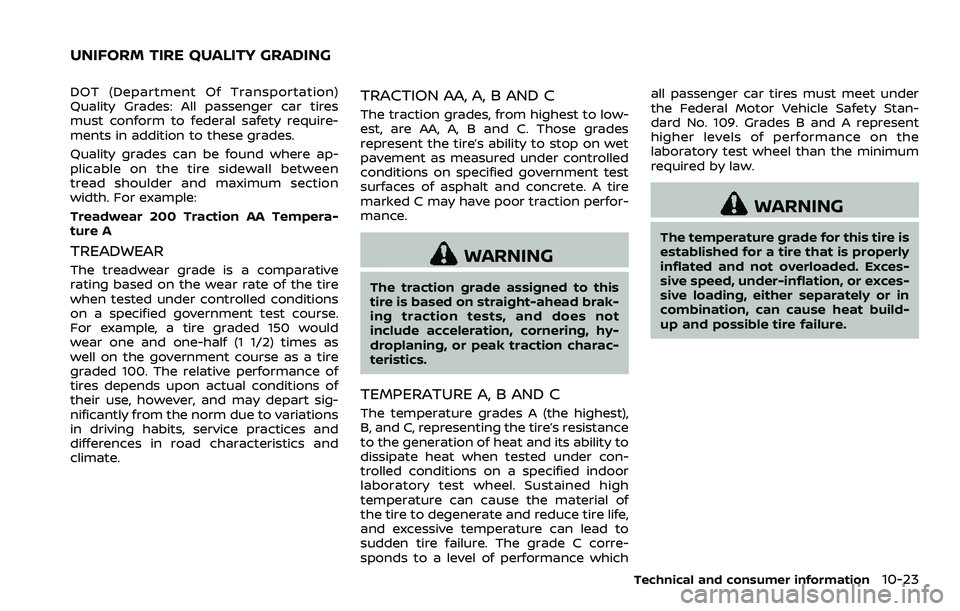NISSAN 370Z COUPE 2018 Owners Manual DOT (Department Of Transportation)
Quality Grades: All passenger car tires
must conform to federal safety require-
ments in addition to these grades.
Quality grades can be found where ap-
plicable on NISSAN 370Z COUPE 2018 Owners Manual DOT (Department Of Transportation)
Quality Grades: All passenger car tires
must conform to federal safety require-
ments in addition to these grades.
Quality grades can be found where ap-
plicable on