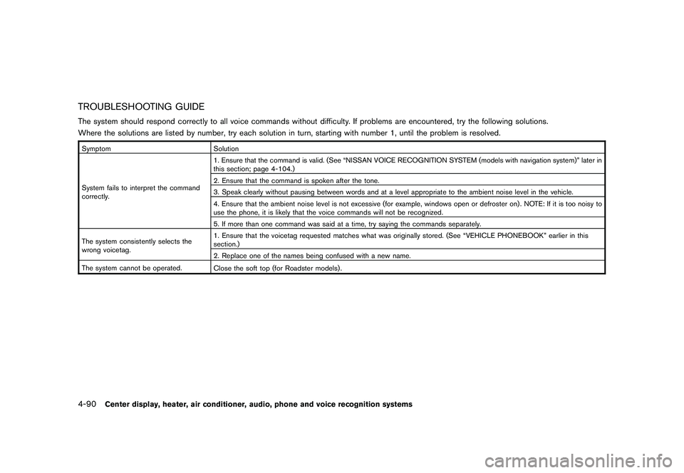 NISSAN 370Z COUPE 2011 Owners Manual Black plate (240,1)
Model "Z34-D" EDITED: 2010/ 7/ 27
TROUBLESHOOTING GUIDEThe system should respond correctly to all voice commands without difficulty. If problems are encountered, try the following NISSAN 370Z COUPE 2011 Owners Manual Black plate (240,1)
Model "Z34-D" EDITED: 2010/ 7/ 27
TROUBLESHOOTING GUIDEThe system should respond correctly to all voice commands without difficulty. If problems are encountered, try the following